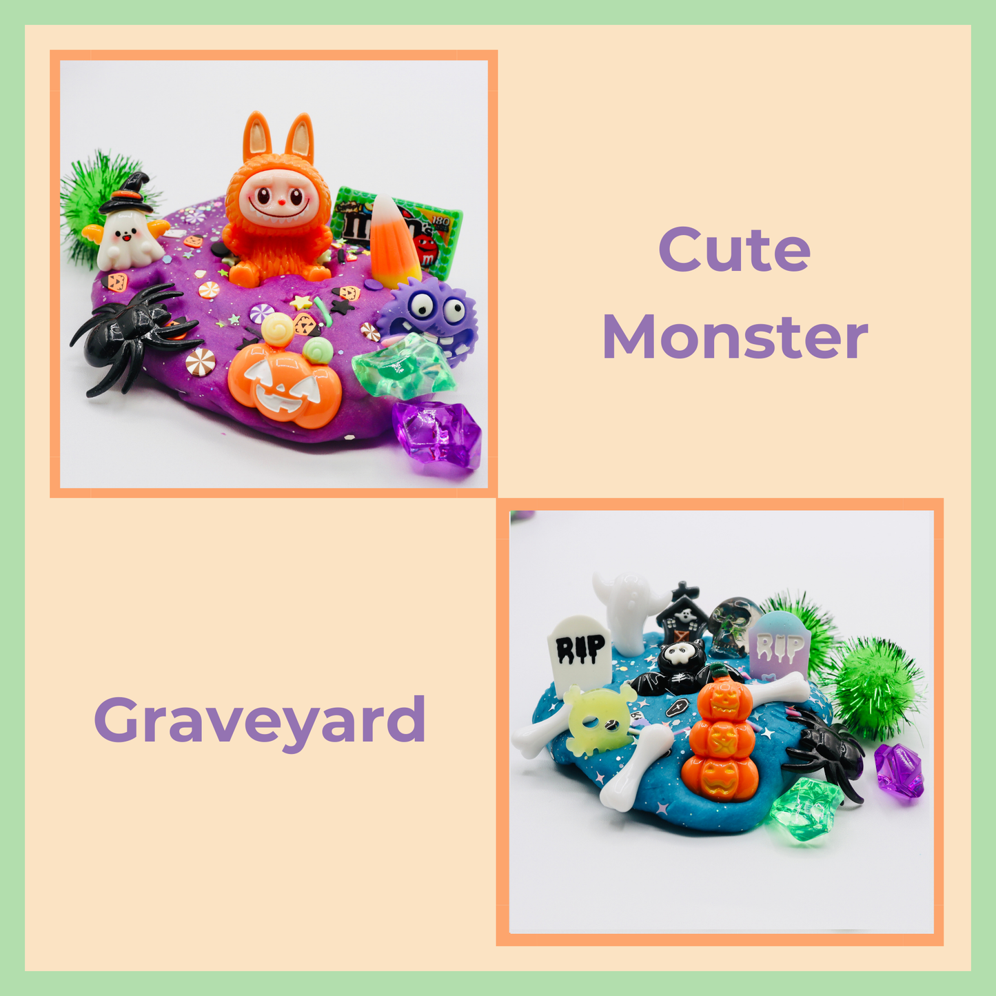 Two Halloween-themed playsets with monsters and grave elements on a light green background.