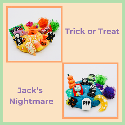Halloween-themed decorations with 'Trick or Treat' and 'Jack's Nightmare' text on a light green border.