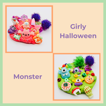 Two colorful Halloween-themed crafts labeled 'Girly Halloween' and 'Monster'.