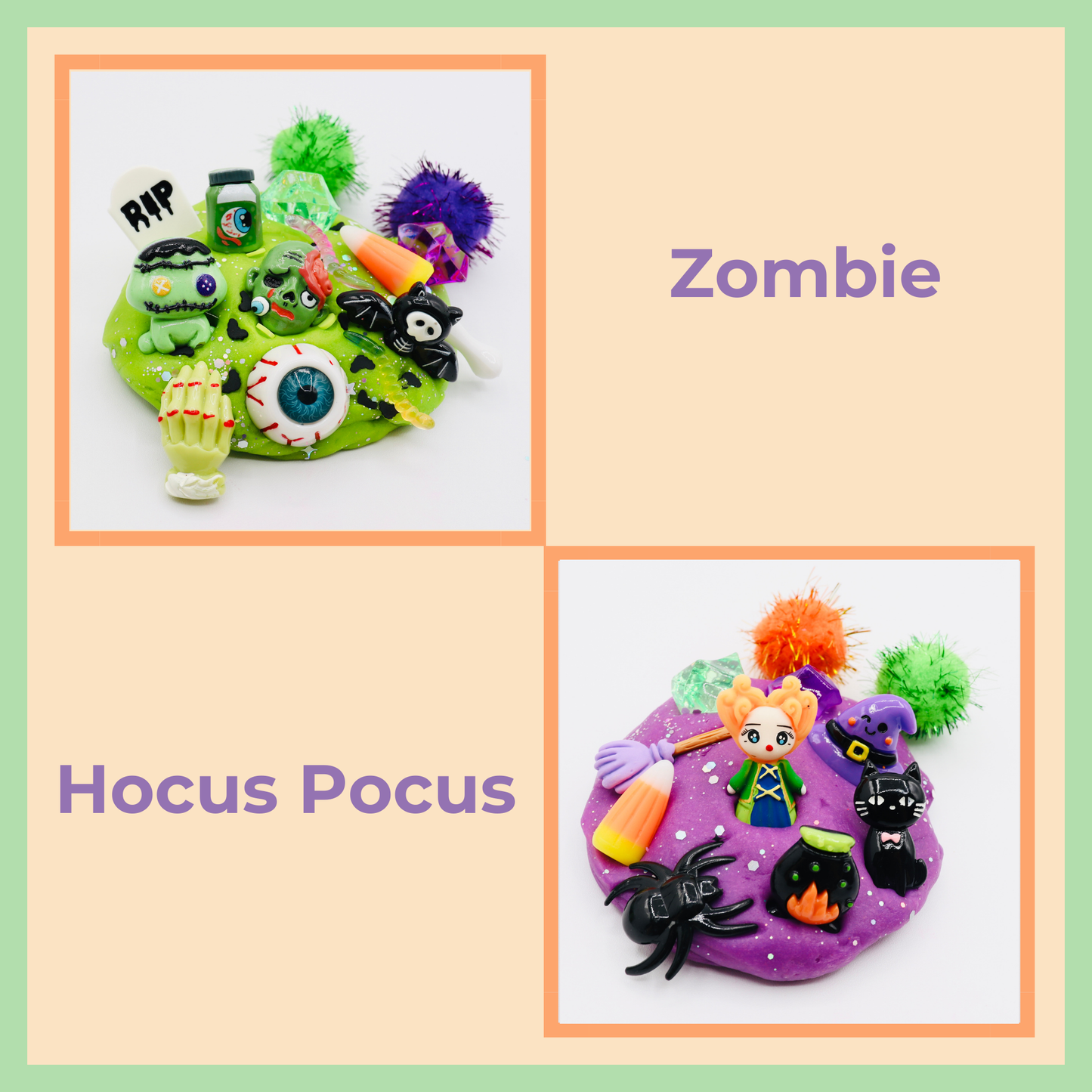 Two Halloween-themed decorations labeled 'Zombie' and 'Hocus Pocus' on a light green background.