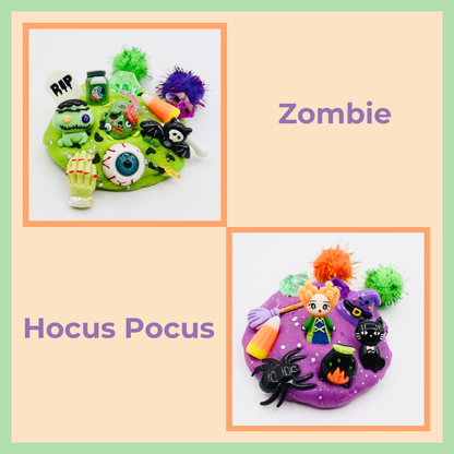 Two Halloween-themed decorations labeled 'Zombie' and 'Hocus Pocus' on a light green background.